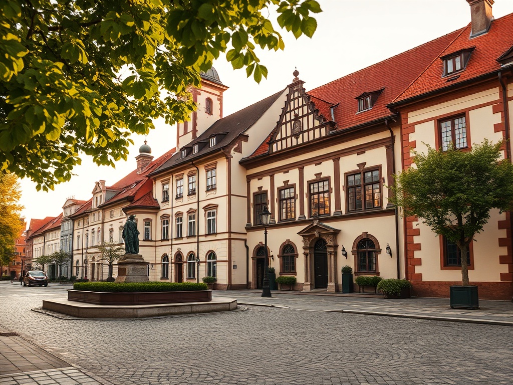 Historyczne zdjęcie centrum Wągrowca z przełomu XX i XXI wieku, rynek i budynki urzędowe
